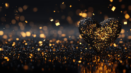 Heart-shaped object glittering on dark surface with golden confetti. Celebration and elegance themeの素材