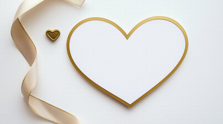 Heart-shaped gold-bordered blank card with ribbon on a white surface. Placeholder for wedding or celebration.の素材