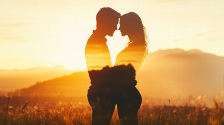Silhouette of a couple embracing at sunset with scenic mountain view. romantic connectionの素材