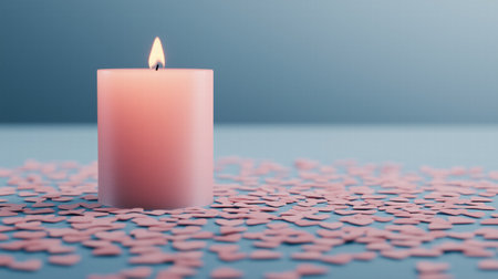 Pink candle surrounded by heart-shaped confetti on blue background. valentines day decorationの素材