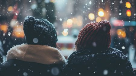 Two friends in warm winter clothes watching snowfall on a city street. Friendship and comfort.の素材