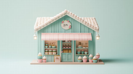 3D render of a gingerbread-style house with cupcakes and pink icing. fantasy dessert designの素材