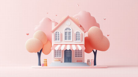 Charming house with pastel pink facade and trees on a soft background. love and family themeの素材