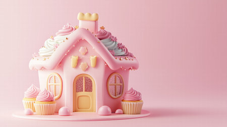 3D render of a pastel blue cupcake shop with decorative roof and windows. whimsical food conceptsの素材