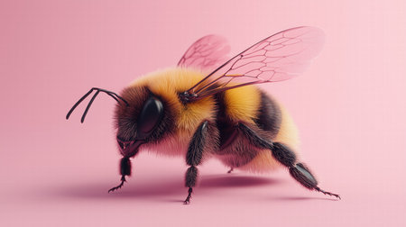 Realistic fuzzy bumblebee on a soft pink background. Nature and wildlife concept. 3D renderingの素材