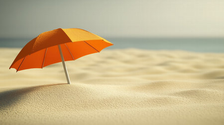 3D render of an orange beach umbrella on sandy dunes with a calm sea in the background. vacation themeの素材