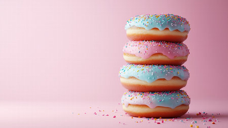 Stack of donuts with pink and blue icing and sprinkles on a pink background. dessert and indulgence conceptの素材