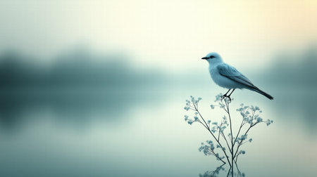 3D render of a blue bird perched on a branch over a misty lake. peaceful nature sceneの素材