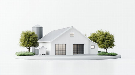 3D render of a white farm with trees and silo on light background. eco-friendly concept and agricultureの素材