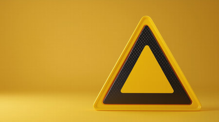 Yellow triangular caution sign on yellow background. safety and warning conceptの素材