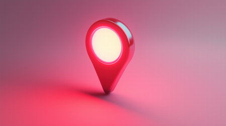 3D red location pin glowing on soft pink background. Navigation and geolocation concept, 3D renderの素材
