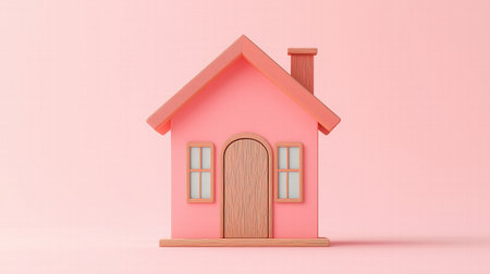 Pink wooden house model with chimney on pastel pink background. Housing and architecture concept, 3D renderの素材