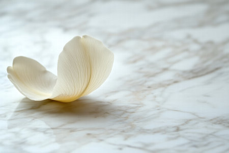 Single delicate white petal resting on a marble surface. elegance and fragilityの素材