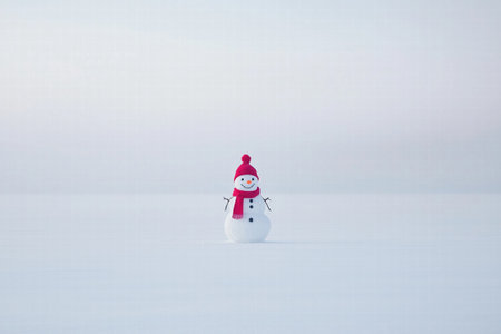 Minimalist snowman with red scarf in a snowy field. Winter season joyの素材