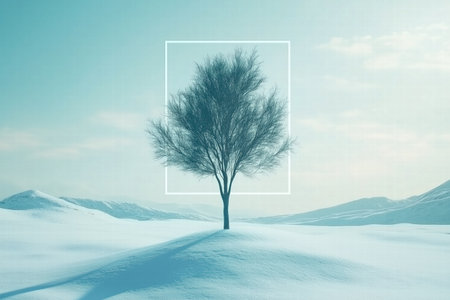 Lone tree on a snowy hill framed by a geometric rectangle with blue sky. art minimalistの素材