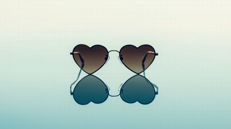 Heart-shaped sunglasses reflecting light on a pale blue surface. Summer fashion accessories.の素材