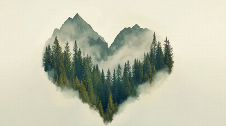 Heart-shaped forest overlaying a mountain landscape in misty surroundings. eco loveの素材