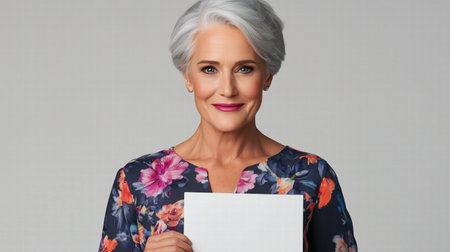 Smiling older woman in floral dress holding a blank whiteboard against neutral background. elegance and expressionの素材