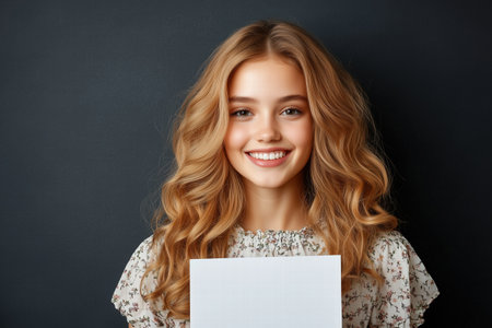 Smiling woman with long wavy hair holding a blank white card in front of a dark background. joyful messaging and brandingの素材