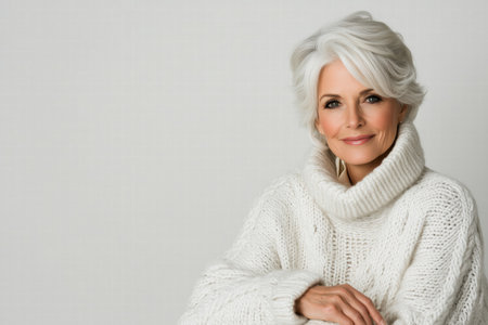 Smiling elderly woman in white sweater with arms crossed. Warm eleganceの素材