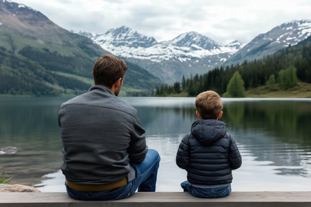Father and son sitting by a lake surrounded by mountains, sharing a serene moment. Family and connection.の素材