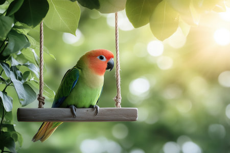 Bright lovebird perched on wooden swing surrounded by greenery with warm sunlight. Tropical and vibrant wildlife.の素材