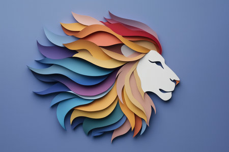 Multicolored lion head made from layered paper art on a blue background. creativity and modern designの素材
