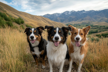 Three happy dogs posing in a scenic mountain landscape with grassy hills. Friendship and outdoor adventuresの素材