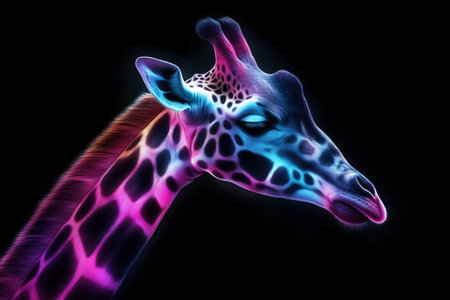 Colorful neon giraffe head glowing against black background. futuristic animal design and concept artの素材