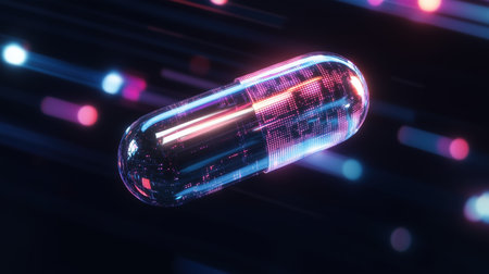 Futuristic glowing digital capsule in a cyber-themed background. pharmaceutical innovationの素材