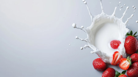 Milk splash with fresh strawberries on white background. healthy nutritionの素材