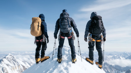 Three climbers standing on a snowy mountain peak, symbolizing teamwork and achievementの素材
