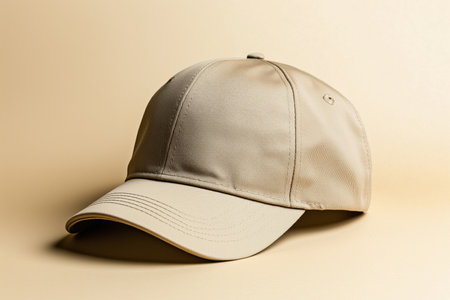 Beige baseball cap on a plain background with soft shadows. Casual headwear product branding.の素材