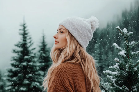 Woman in a white knit hat and brown sweater in a snowy forest, winter lifestyle and serenityの素材