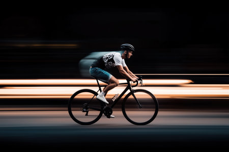 Cyclist in motion on a road bike at night with streaking lights in the background. speed and energy conceptの素材