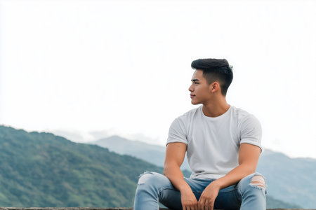 Man in white t-shirt sitting outdoors with mountains in background. Serenity and outdoor lifestyleの素材