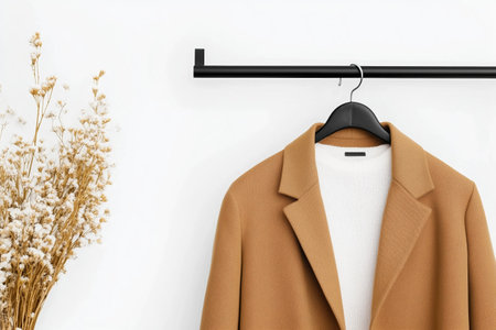 Brown coat and white sweater on black hanger with beige background and dried flowers. Fashion and style.の素材