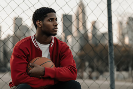 Young man in red jacket holding a basketball with urban skyline in the background, sports and aspirationsの素材