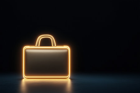 Golden neon briefcase icon glowing on a dark background. Business and professional identity concept.の素材