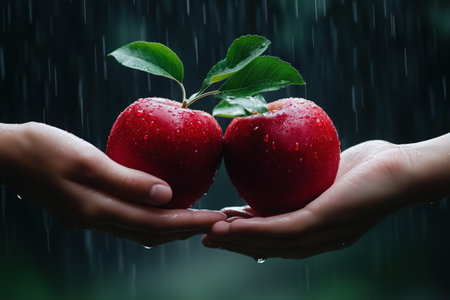 Hands holding two fresh red apples under rain, concept of giving and nutritionの素材