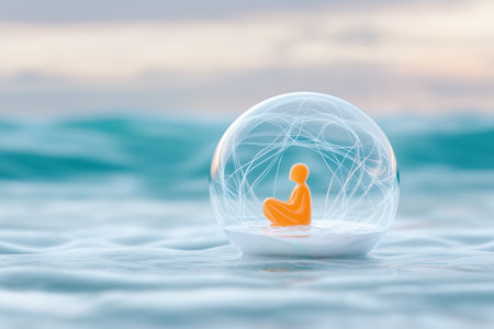 Orange figure meditating inside a transparent bubble on calm ocean water. Solitude and mindfulness concept.の素材
