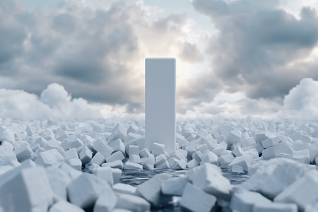 White monolith surrounded by rubble and water under dramatic cloudy sky. Power, mystery, and solitude conceptの素材
