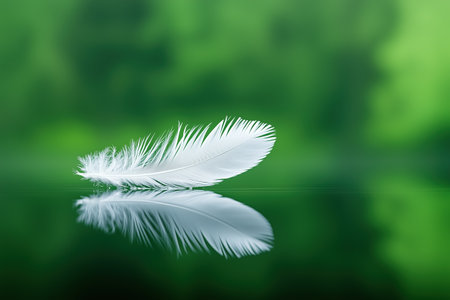 Single white feather on reflective green background. minimalism and softnessの素材