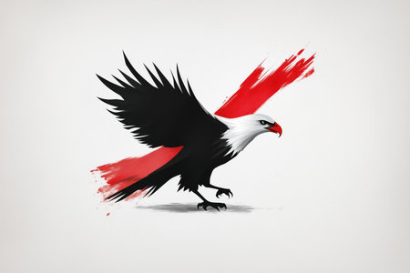 Illustration of a bald eagle with bold red paint strokes on a white background. Freedom, power, and patriotism concept.の素材