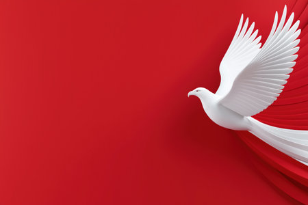 Minimalist white dove flying on a bright red background with layered elements. Peace and hope symbolism.の素材