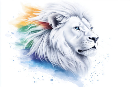 Lion illustration with a colorful watercolor mane on white background. Concept of strength and creativity.の素材
