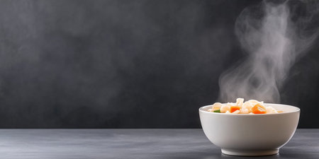 Bowl of steaming hot soup with visible vegetables on a dark background. Warm and comforting food concept.の素材