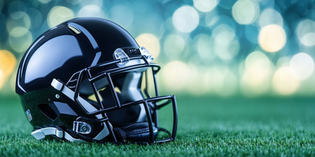 Shiny black football helmet on a grassy field with bokeh lights in the background. Sports and competition concepts.の素材