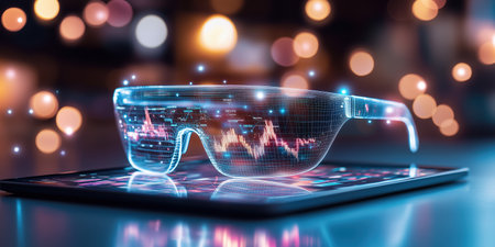 Close-up of augmented reality glasses with holographic digital charts on reflective lenses. futuristic wearable technology concepts.の素材