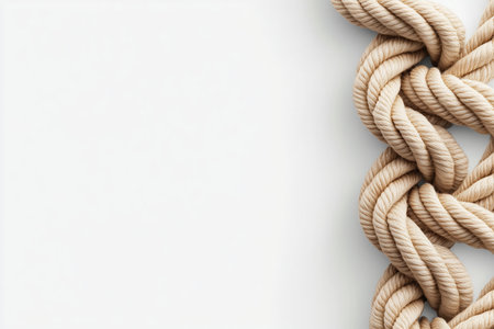 Close-up of intertwined beige ropes forming a pattern on a white background. concept of strength and unity.の素材